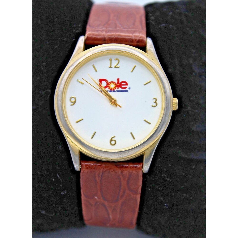 Vintage Dole Food Company Logo Advertising Quartz Watch Brown Leather Strap